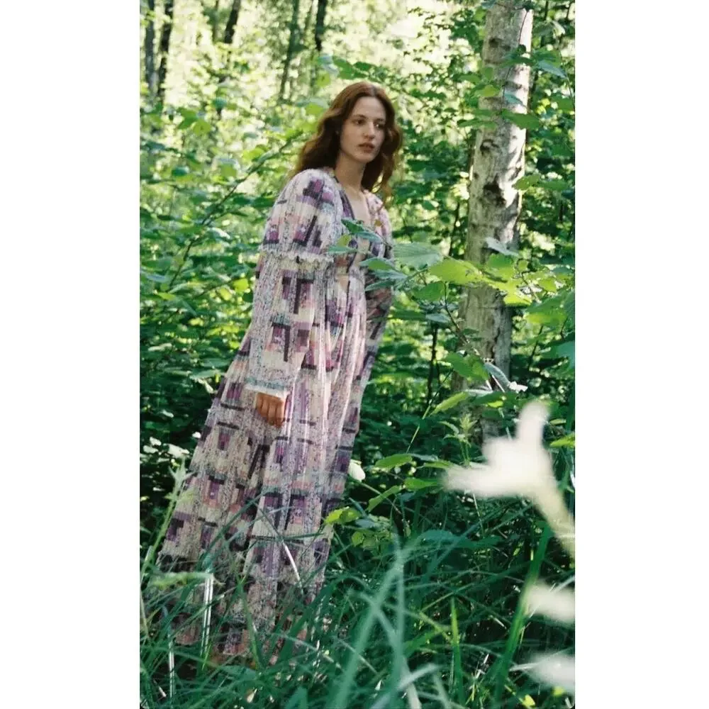 SEA NY Maxi Dress Patchwork Floral Naya Cutout‎ Long Sleeve Pleated Purple XS - Picture 11 of 11